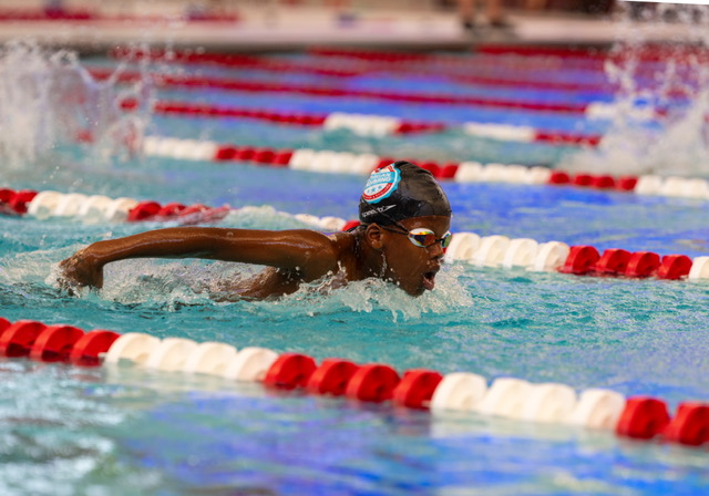 A swimmer practicing butterfly in the Foreman family swim album